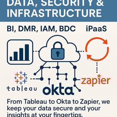Data Security InfrastructureBI DMR IAM BDC iPaaS From Tableau to Okta to Zapier we keep your data secure and your insights at your fingertips Data Security InfrastructureBI DMR IAM BDC iPaaS From Tableau to Okta to Zapier we keep your data secure and your insights at your fingertips
