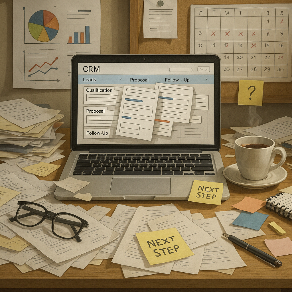 The image depicts a cluttered desk overflowing with various papers sticky notes and office supplies resembling a chaotic workspace In the center a laptop displays a CRM interface filled with confusing fields and overlapping stages highlighting the di-1 The image depicts a cluttered desk overflowing with various papers sticky notes and office supplies resembling a chaotic workspace In the center a laptop displays a CRM interface filled with confusing fields and overlapping stages highlighting the di-1